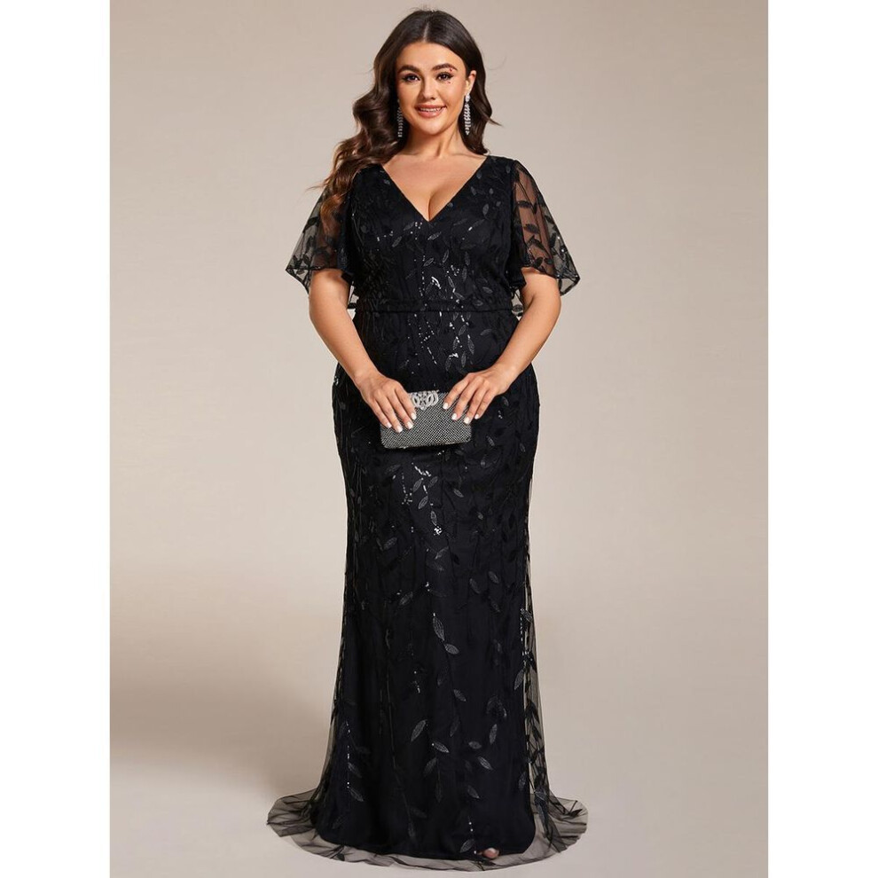 (black, 9XL) Ever-pretty Women&apos; V-neck Long Mermaid Sparkly Embroidery Plus Size Sequin Evening Dress