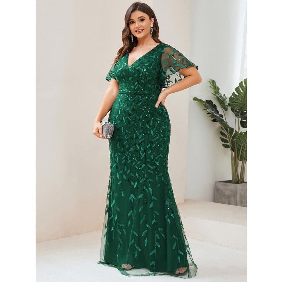 (dark green, 9XL) Ever-pretty Women&apos; V-neck Long Mermaid Sparkly Embroidery Plus Size Sequin Evening Dress