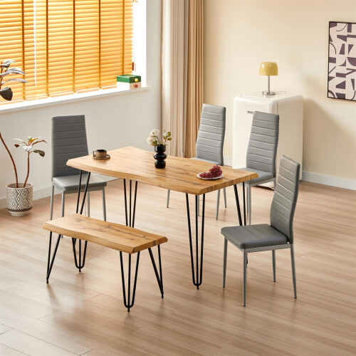 Brown Wooden Dining Table with 4  Grey Leather Chairs and bench