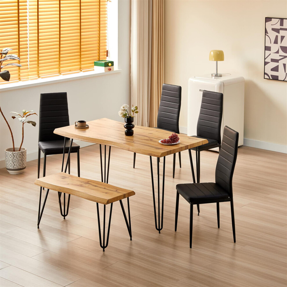Wooden Dining Table Set with 4 Black Metal Chairs  and bench