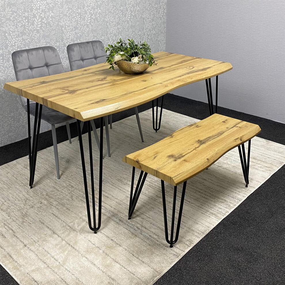 Wooden Dining Table Set with 2 Grey Velvet chairs and Bench