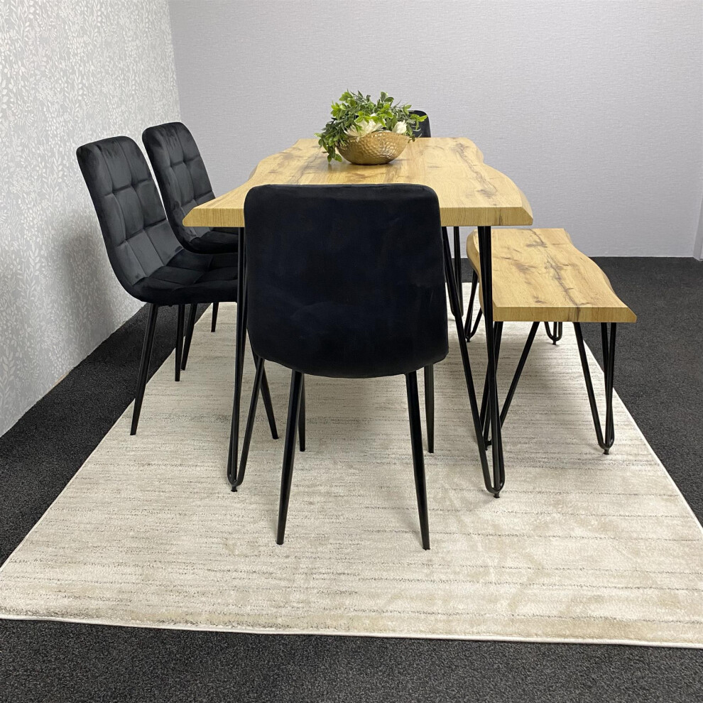 Wooden Dining Table with 4 Black Velvet Chairs And Bench - Dining Furniture