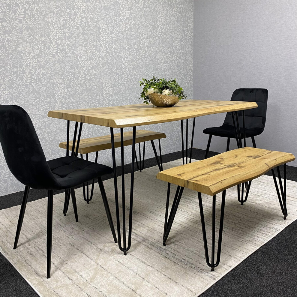 Brown Wooden Dining Table with 2 Black Leather Chairs and  2 Bench