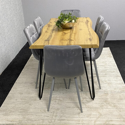Wooden Brown Dining Table with 6 Grey Velvet Chairs
