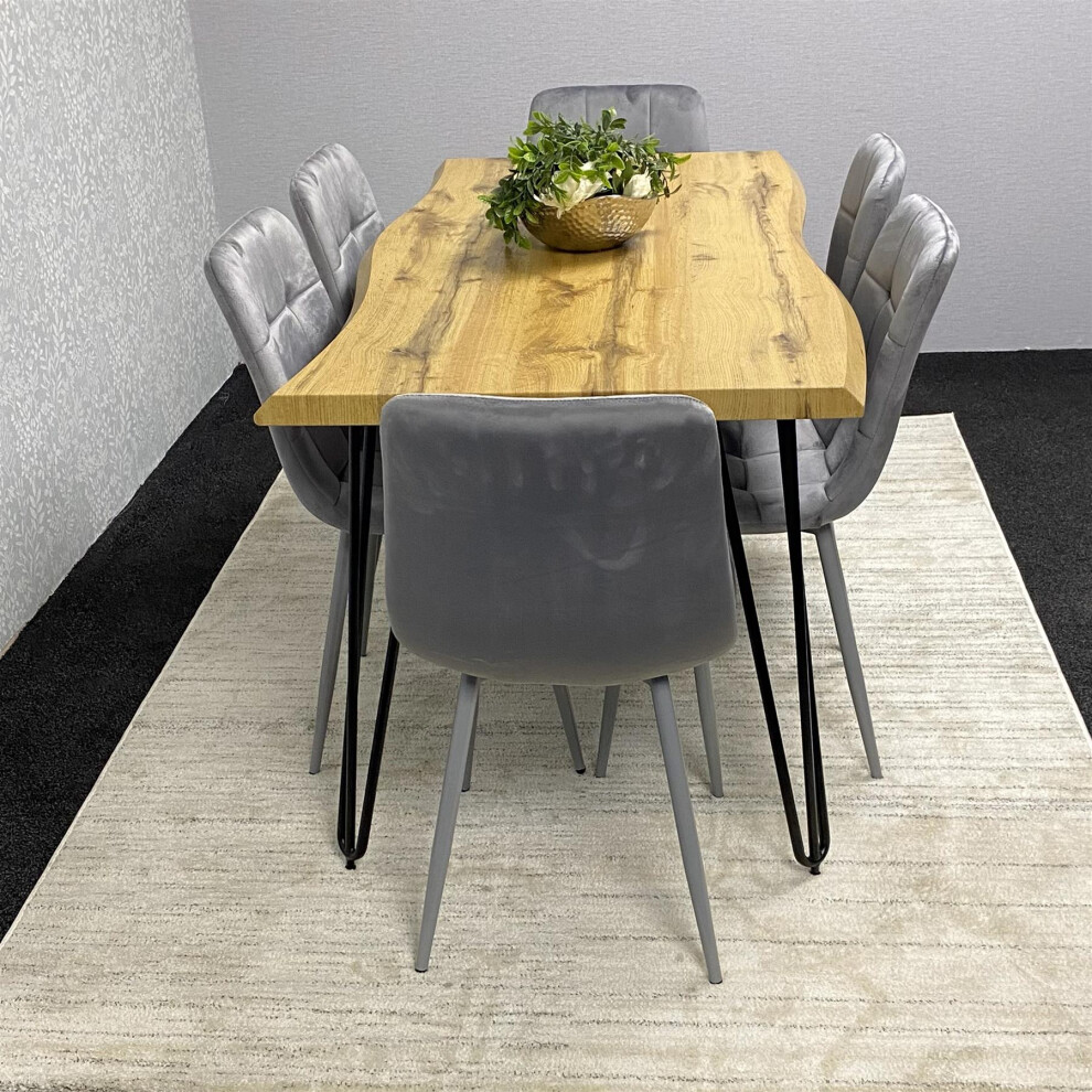 Wooden Brown Dining Table with 6 Grey Velvet Chairs