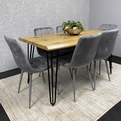 Wooden Brown Dining Table with 6 Grey Velvet Chairs 1