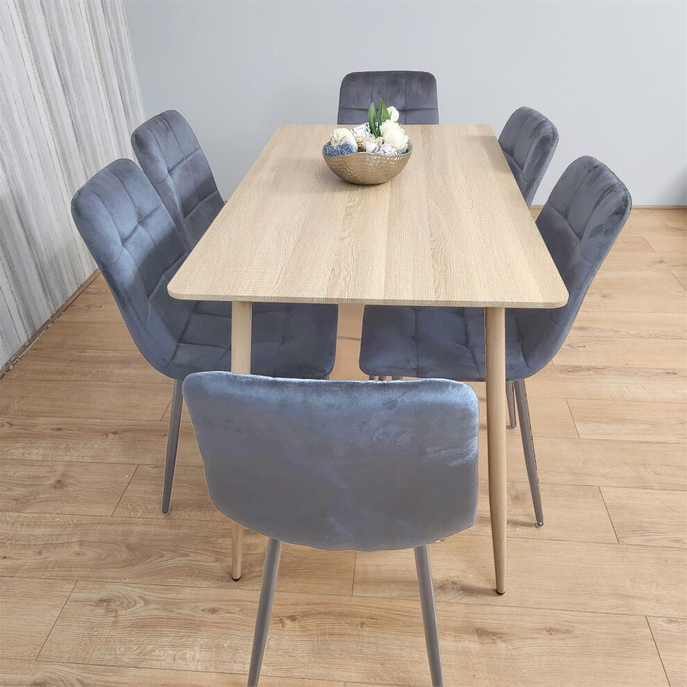 Brown Wooden Dining Table with 6 Grey Velvet Chairs