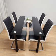 Black White clear Glass Dining Table with 4 Black Chairs