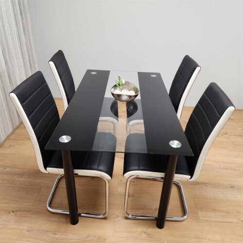 Black White clear Glass Dining Table with 4 Black Chairs