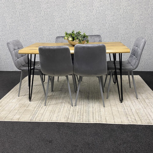 Wooden Brown Dining Table with 6 Grey Velvet Chairs 2