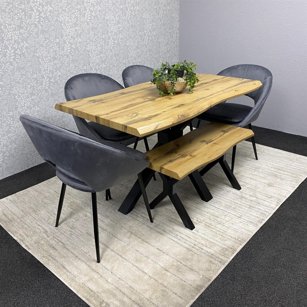 Wooden Brown Dining Table with 4 Grey Velvet Chairs and wooden Benches