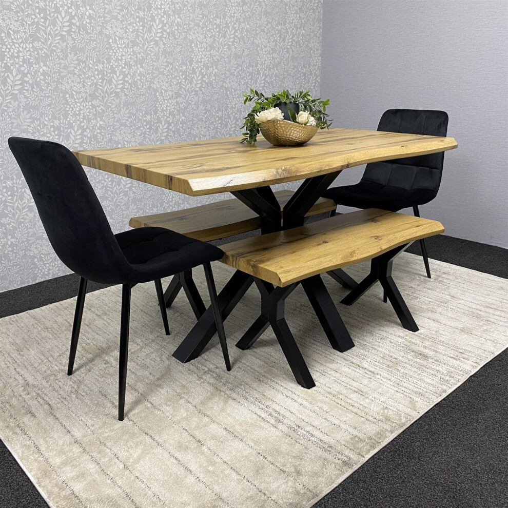 Wooden Dining Table With 2 Black Velvet Chairs and 2 Benches