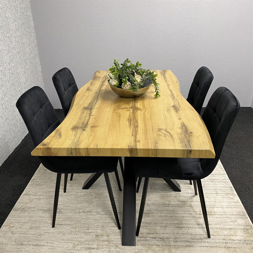 Wooden Brown Dining Table with 4 Black Velvet Chairs