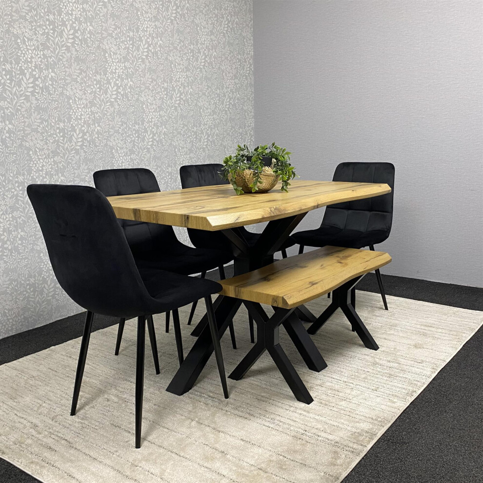 Wooden Brown Dining Table with Bench and 4 Black Velvet Chairs