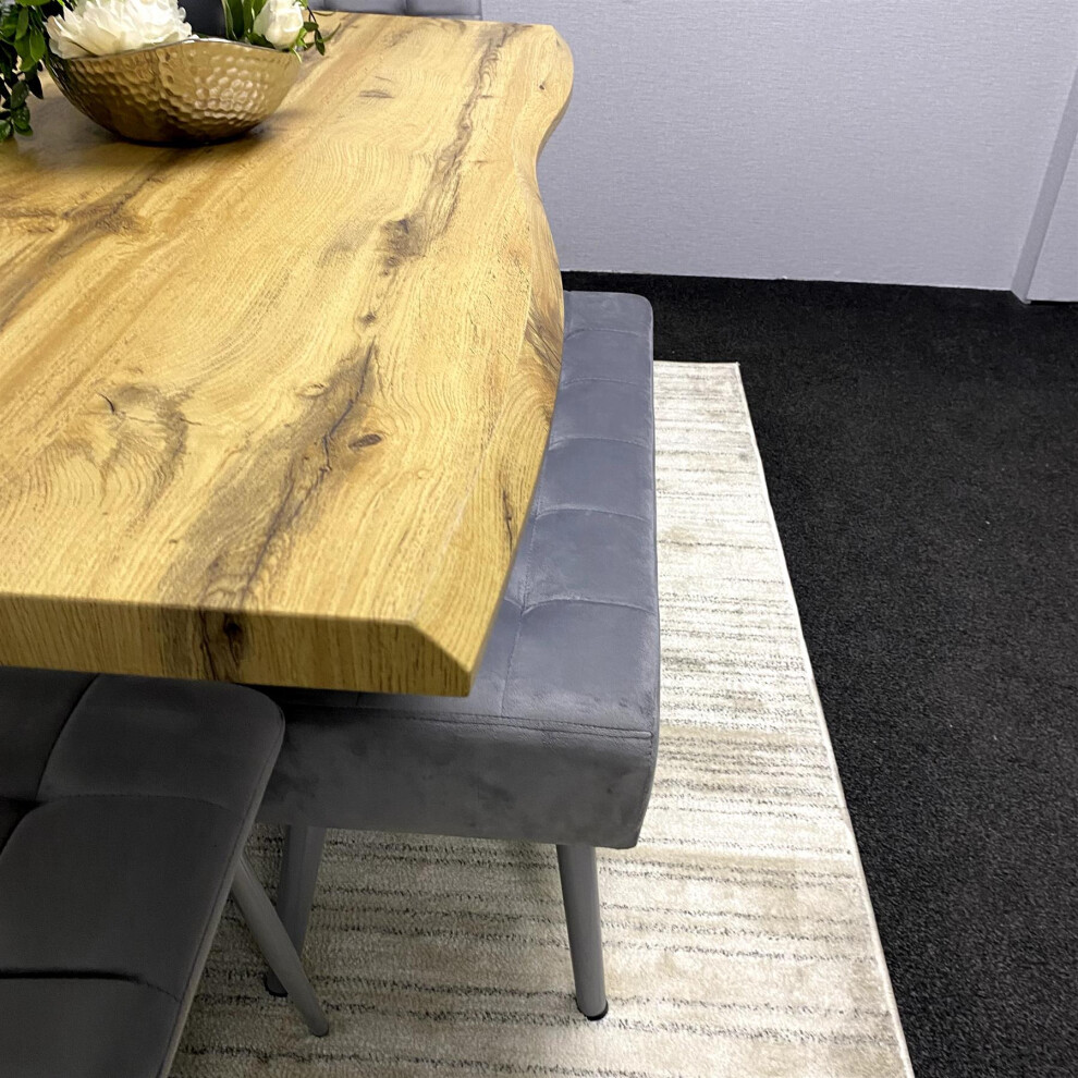 Wooden Dining Table with 2 Grey Velvet Chairs And 2 Velvet Benches