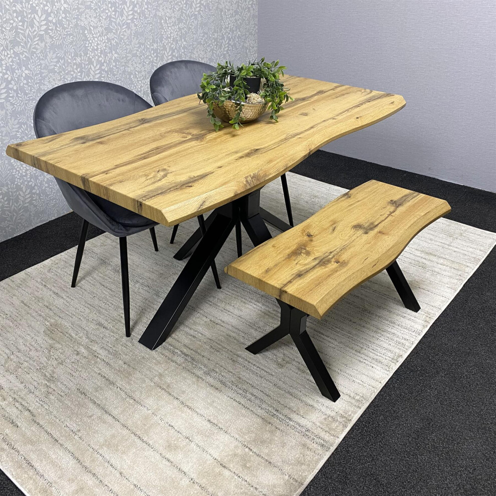 Brown Wooden Dining Table with 2 Bex Grey Chairs and Benches