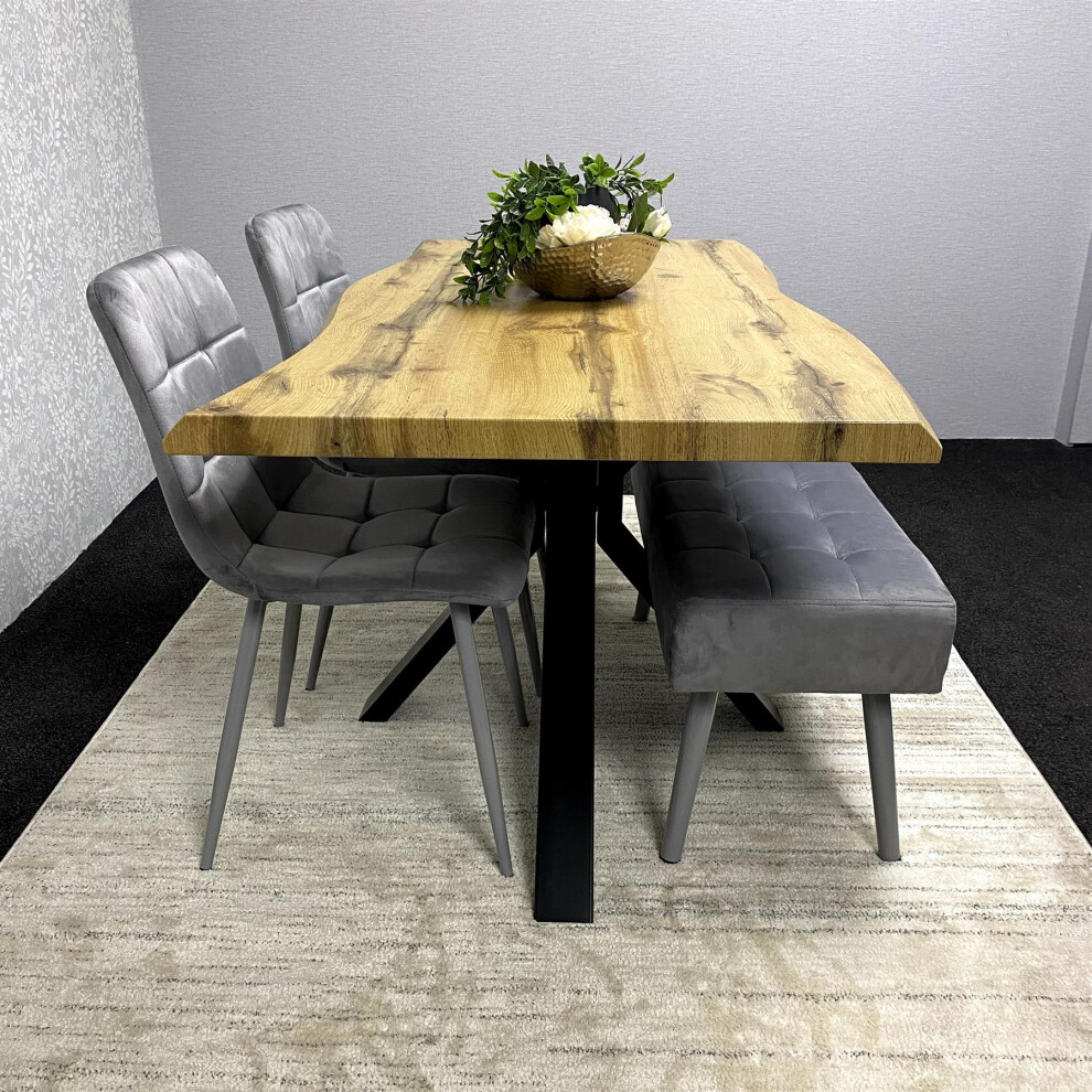 Brown Wooden Dining Table with 2 Grey Chairs and Velvet Bench