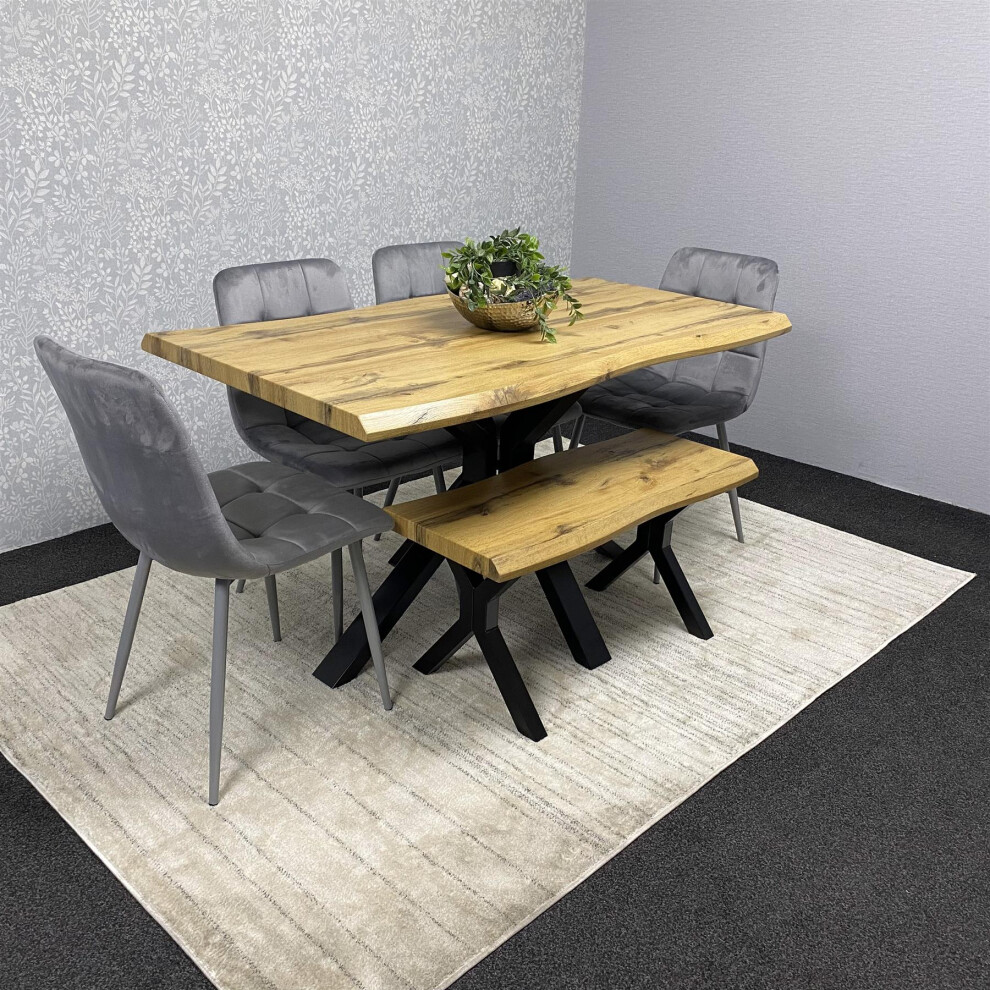 Wooden Brown Dining Table with Bench and 4 Grey Velvet Chairs