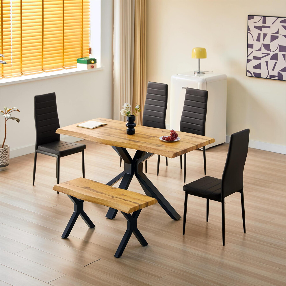 Wooden Dining Table with Bench and 4 Black Velvet Chairs