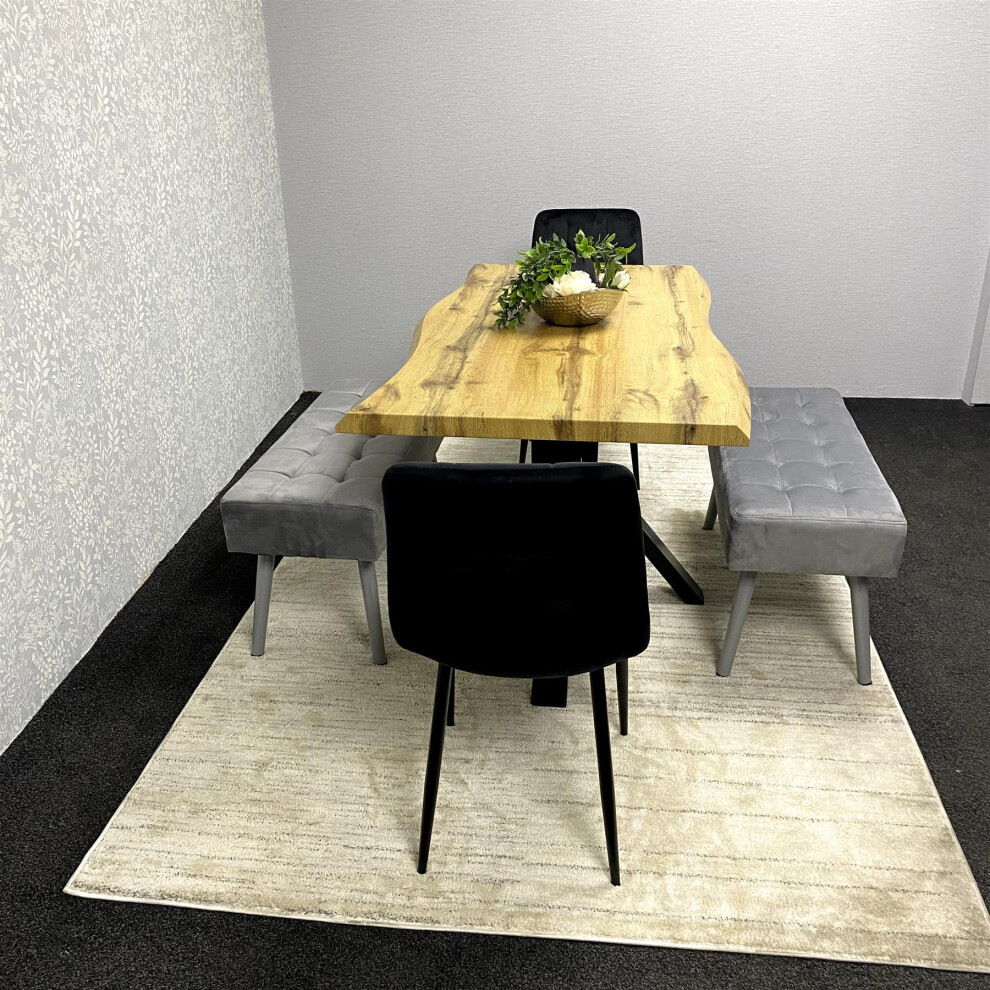 Brown Wooden Dining Table with 2 Black Chairs and 2 benches