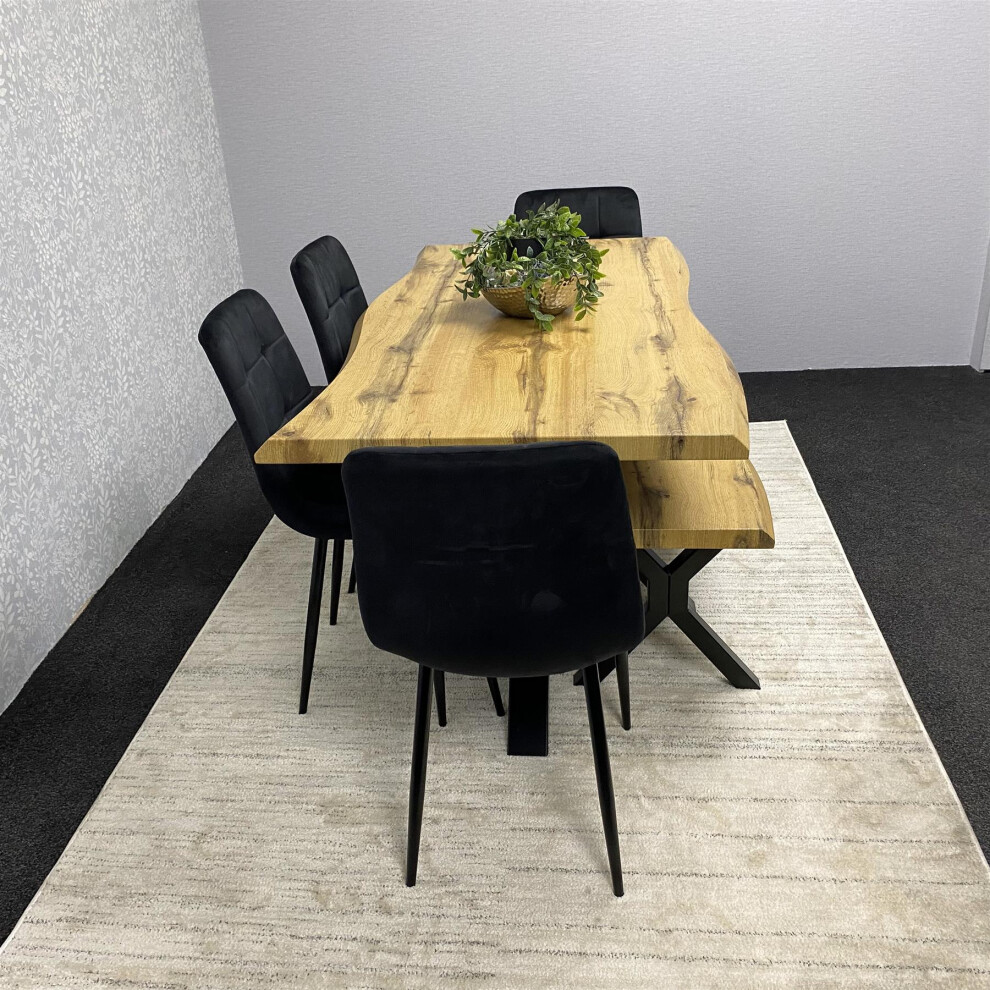 Wooden Brown Dining Table with Bench and 4 Black Velvet Chairs