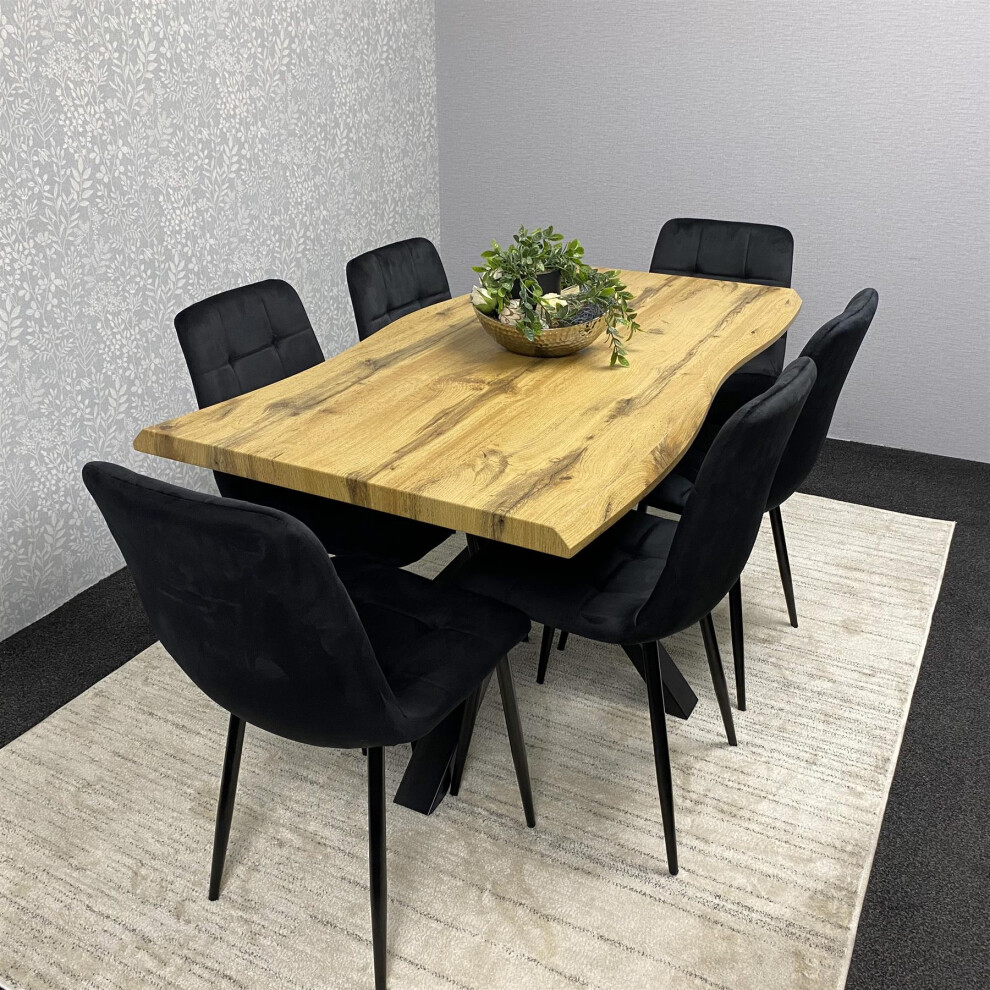 Wooden Brown Dining Table with Benche and 6 Black Velvet Chairs