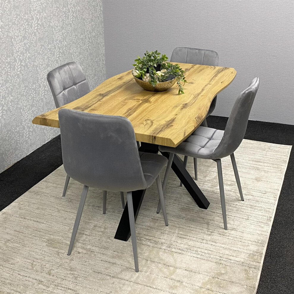 Wooden Brown Dining Table with Bench and 4 Grey Velvet Chairs