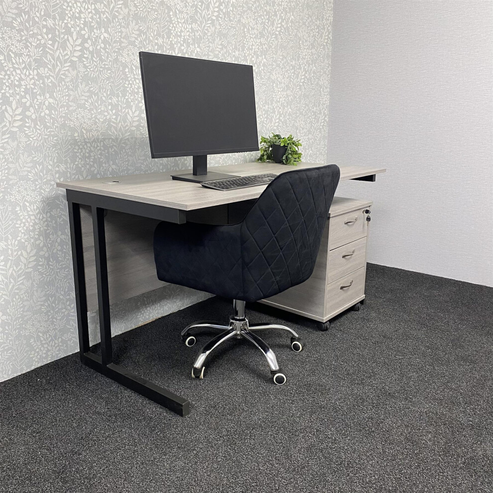 Grey Office Desk with Black Velvet Chair and Matching Drawer Unit