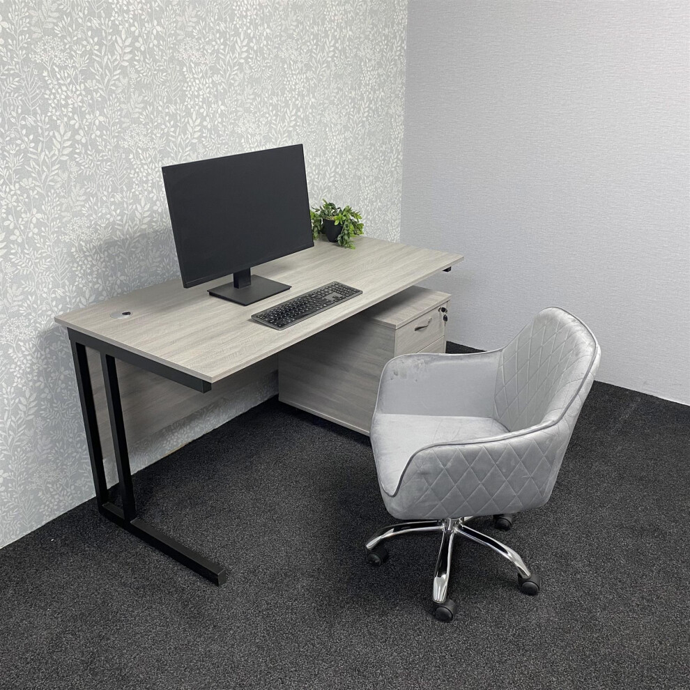 Grey Office Desk with Grey Velvet Upholstered Chair and  Drawer Unit