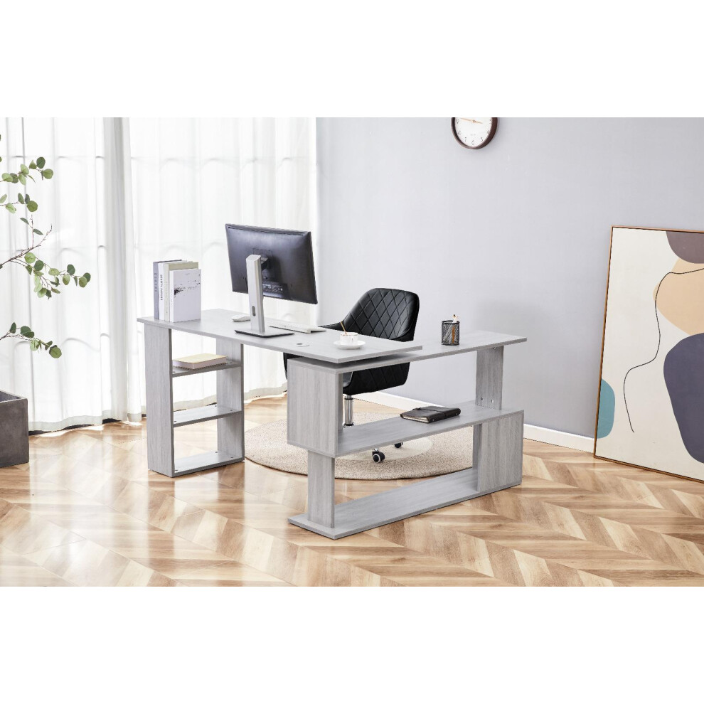 Grey Office Desk L-shaped with Grey Velvet Upholstered Chair