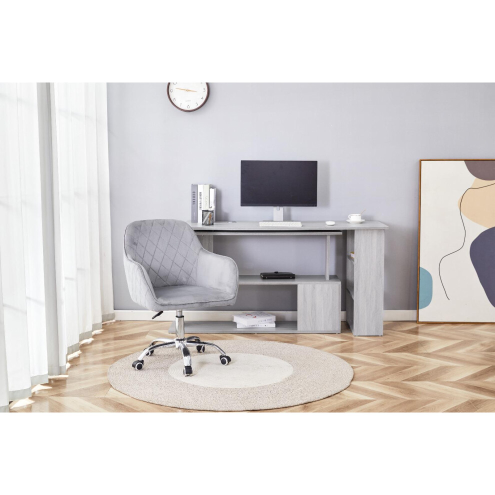 Grey Office Desk with Grey Velvet Upholstered Chair and  Drawer Unit