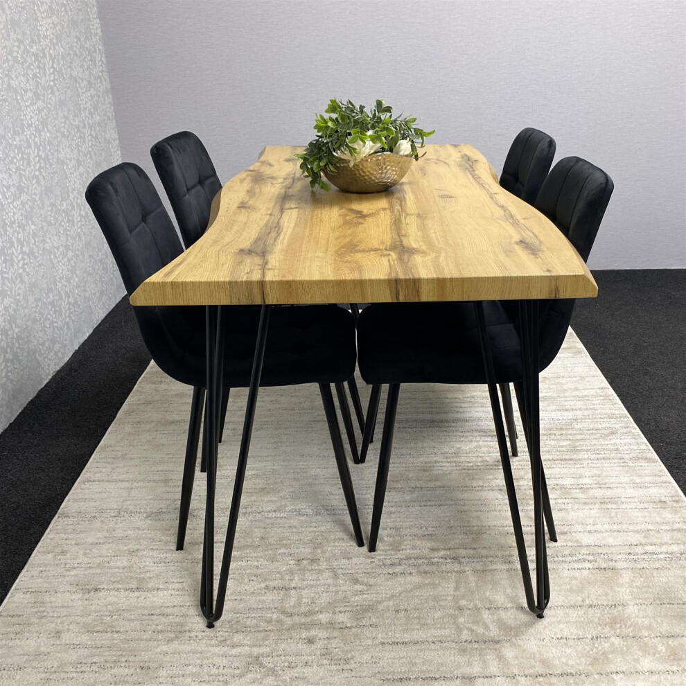 Brown Wooden Dining Table X-Shaped Legs with 4 Black Leather Chairs