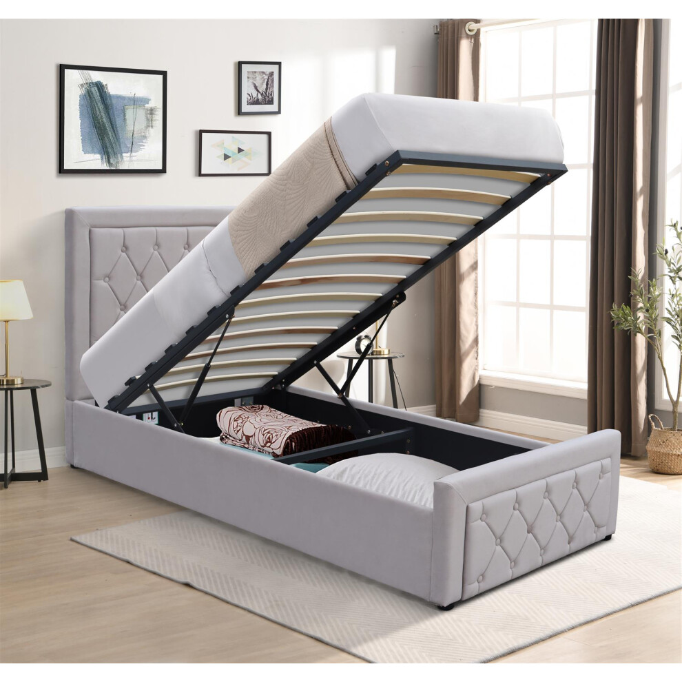 Ottoman Storage Gaslift Bed 3ft Single Grey Velvet With 3ft Memory Foam Mattress Bedroom Furniture