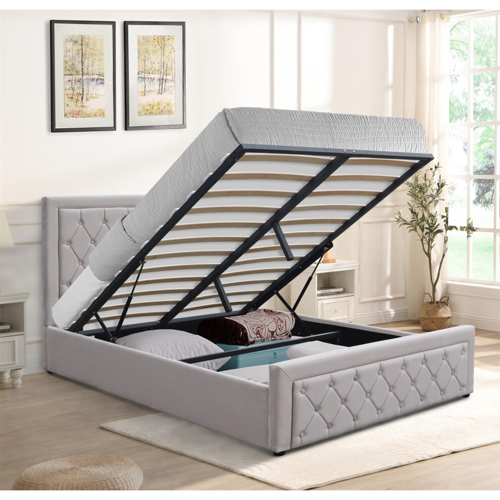Ottoman Storage Bed 4ft Small Double Grey Velvet With Memory Mattress
