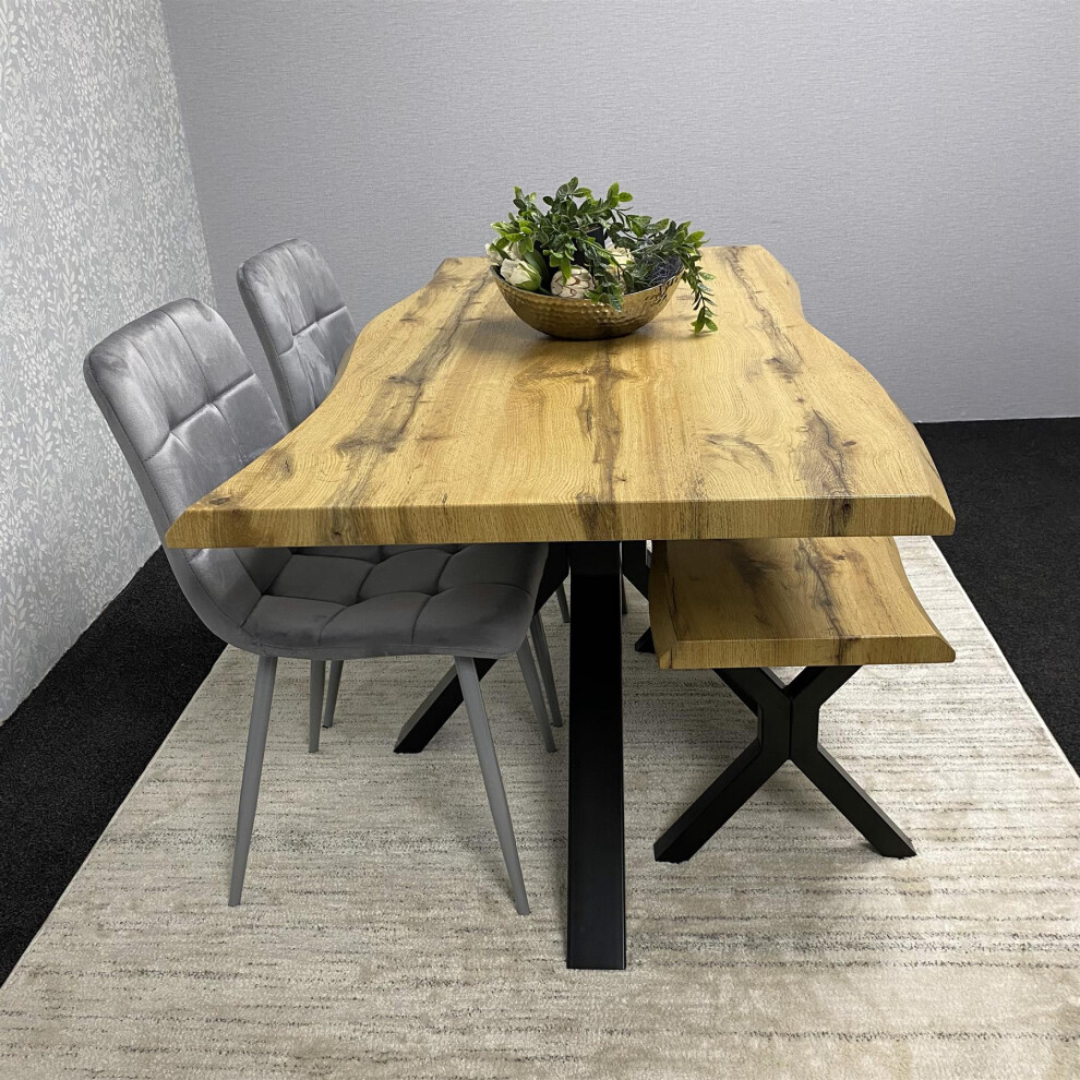 MDF Dining Set with Grey Velvet Chairs & Tufted Velvet Bench