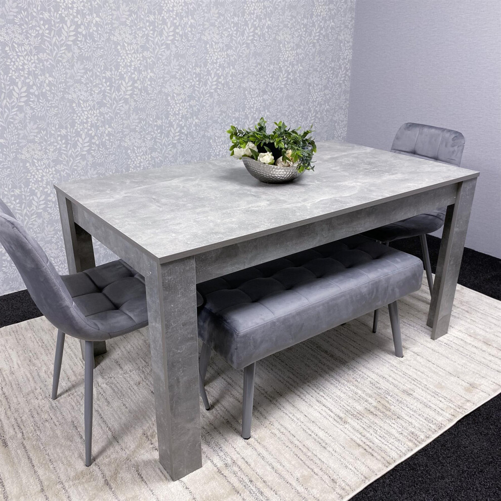 Wooden Brown Dining Table with 2 Grey Velvet Padded Benches