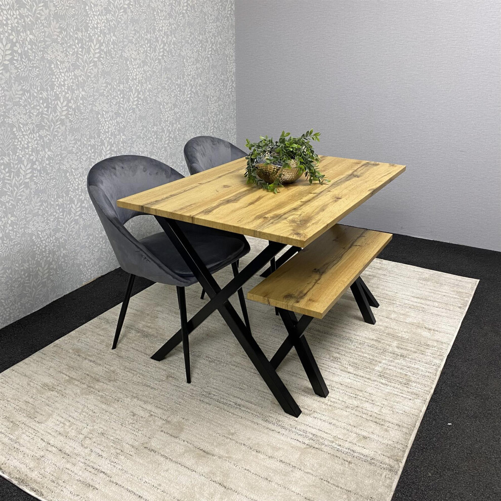 Brown Wooden Dining Table with 2 grey Chairs and Bench