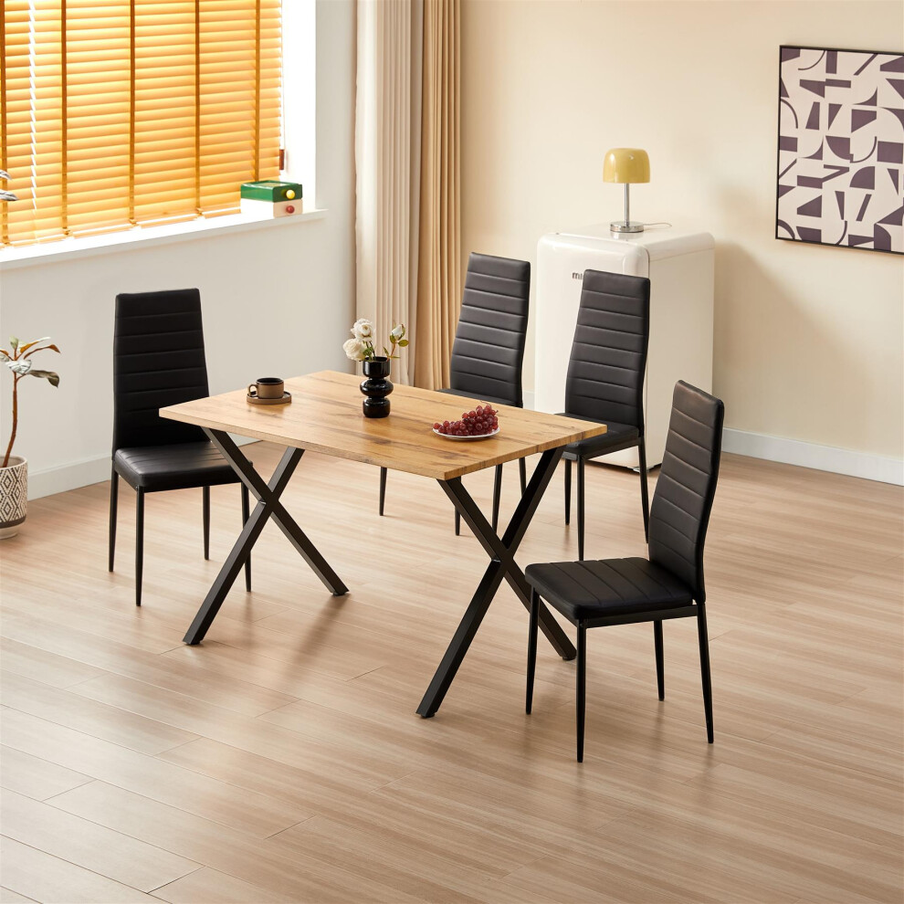 Brown Wooden Dining Table with 4 Black Chairs and Bench