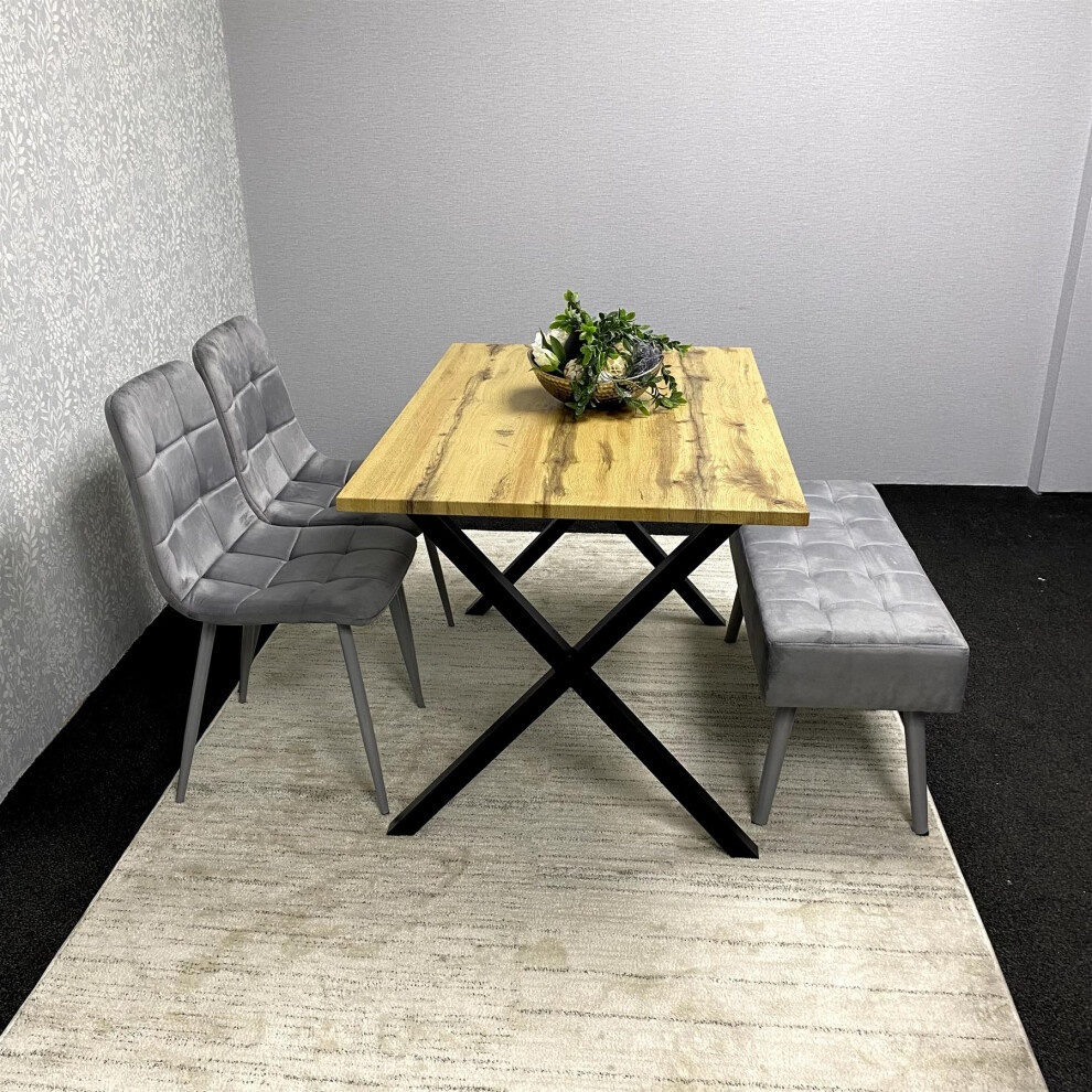 Modern Dining Table Set with Padded Bench and 2 Grey Velvet Chairs