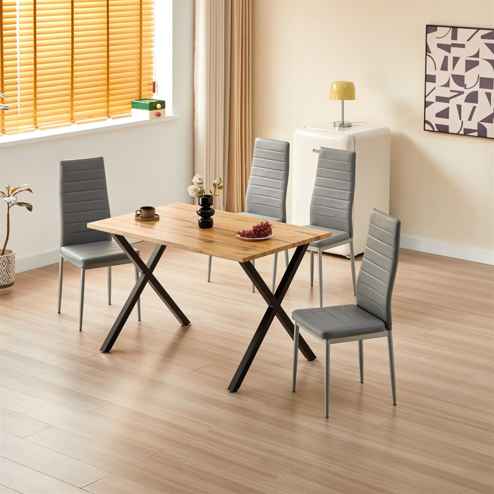 Brown Wooden Dining Table with 4 Grey Leather Chairs
