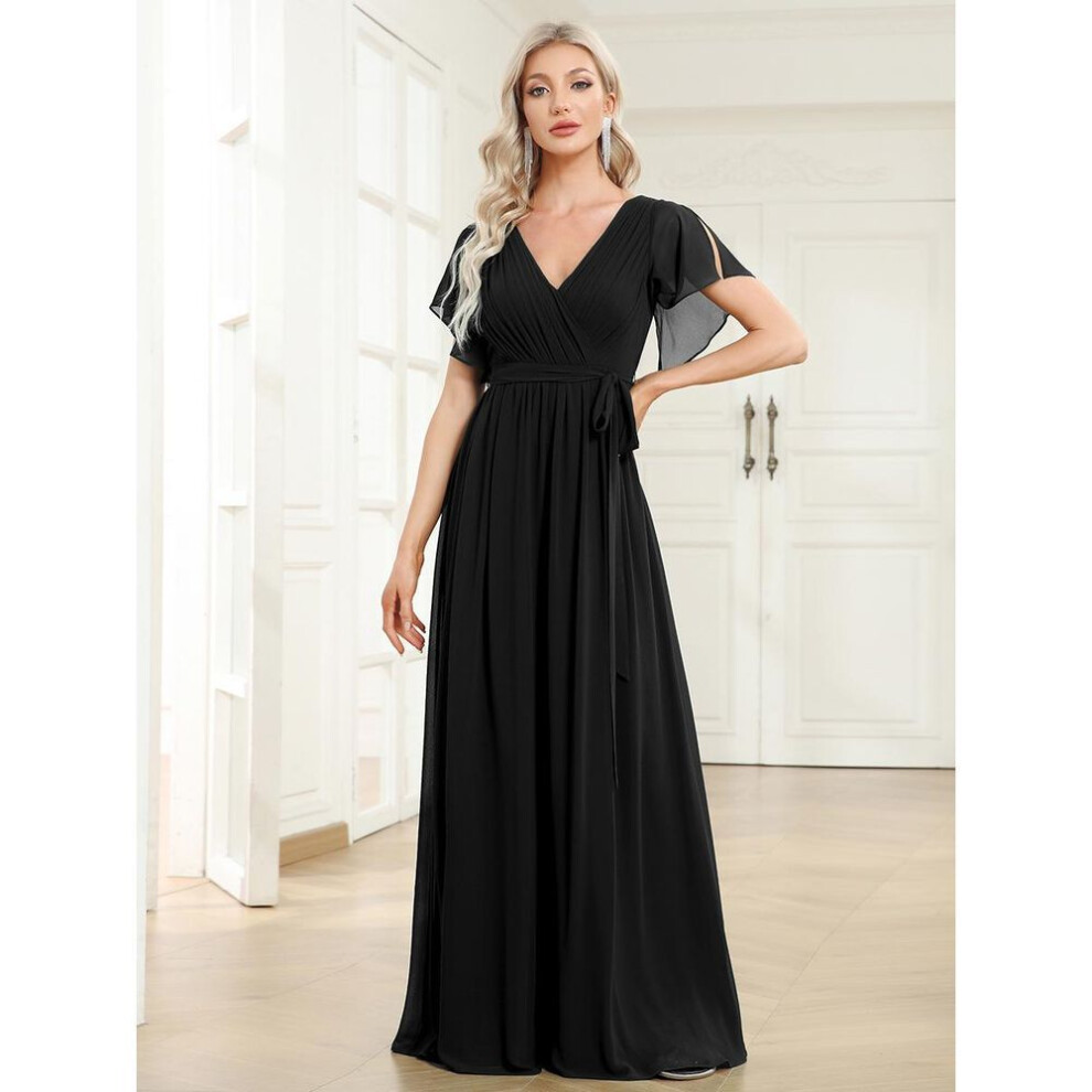 (black, 9XL) Ever-pretty Women&apos;s Maxi V-neck Ruched Bust Chiffon Formal Evening Dress With Ruffle Sleeves