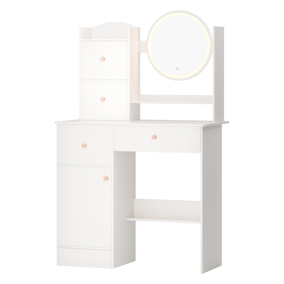 Coiffeuse maquillage avec miroir LED, 4 tiroirs, étagères ouvertes