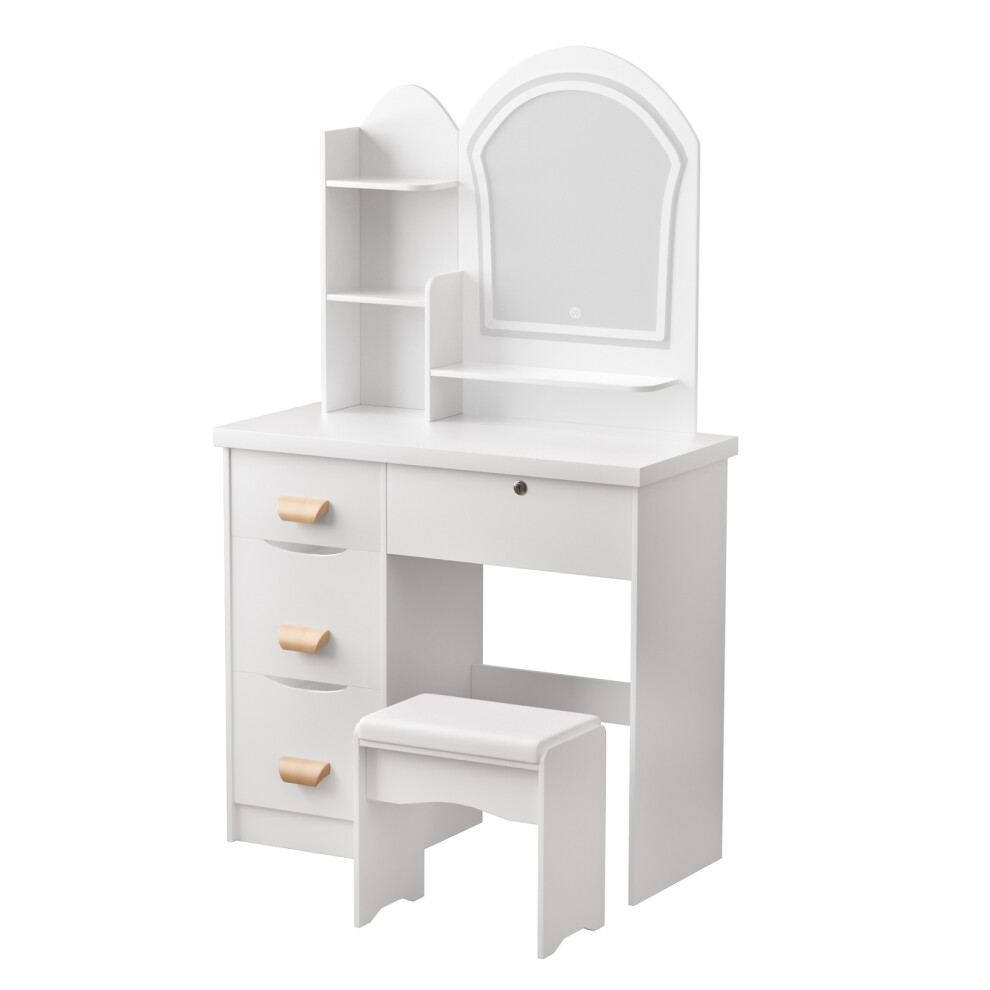 Coiffeuse maquillage avec miroir LED, 4 tiroirs, étagères ouvertes, tabouret