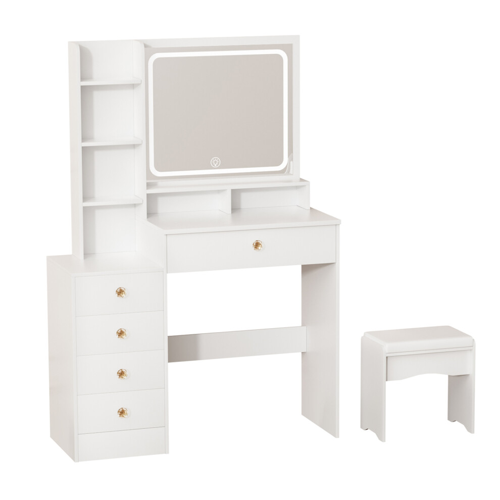Coiffeuse maquillage avec miroir LED, 5 tiroirs, étagères, tabouret