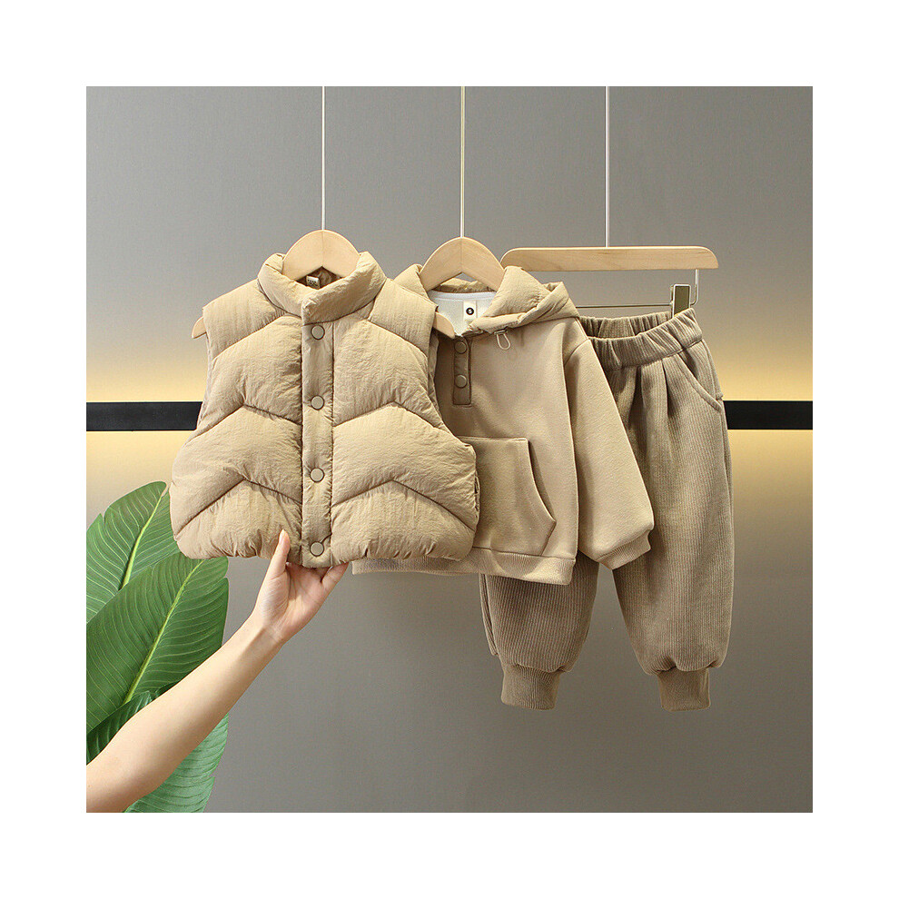 (Khaki,90cm)Ensemble élégant polaire hiver garçon trois pièces épais chaud sweat à capuche tenue gilet