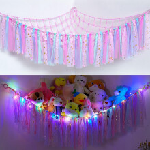 MHJY Toy Hammock Stuffed Animals Storage Net Soft Cuddly Toys Large Corner Hanging Net With LED Light Hand Woven Plush Macrame Organizer with Tassel