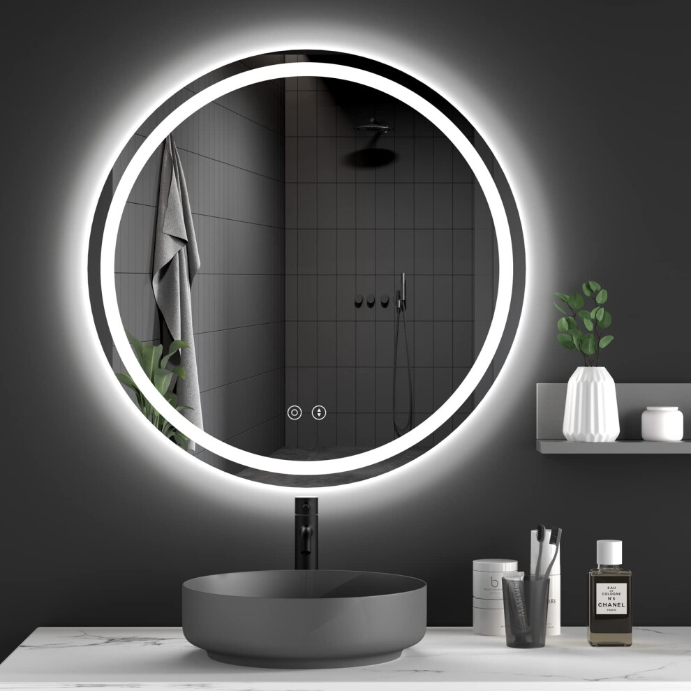 600mm Round Bathroom Mirror with LED Light, Illuminated Wall Mounted Vanity Mirror with Demister, Anti-fog Large Circle Makeup Mirror, 3-Color