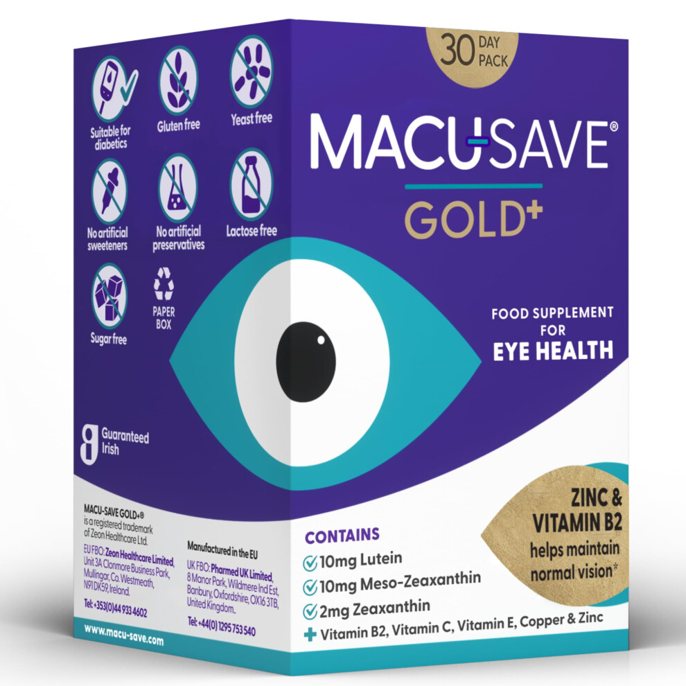 Macu-Save Gold + Food Supplement With Meso-Zeaxanthin/Lutein And Zeaxanthin - 30 Day Pack (90 Capsules, 3 Capsules Per Day)