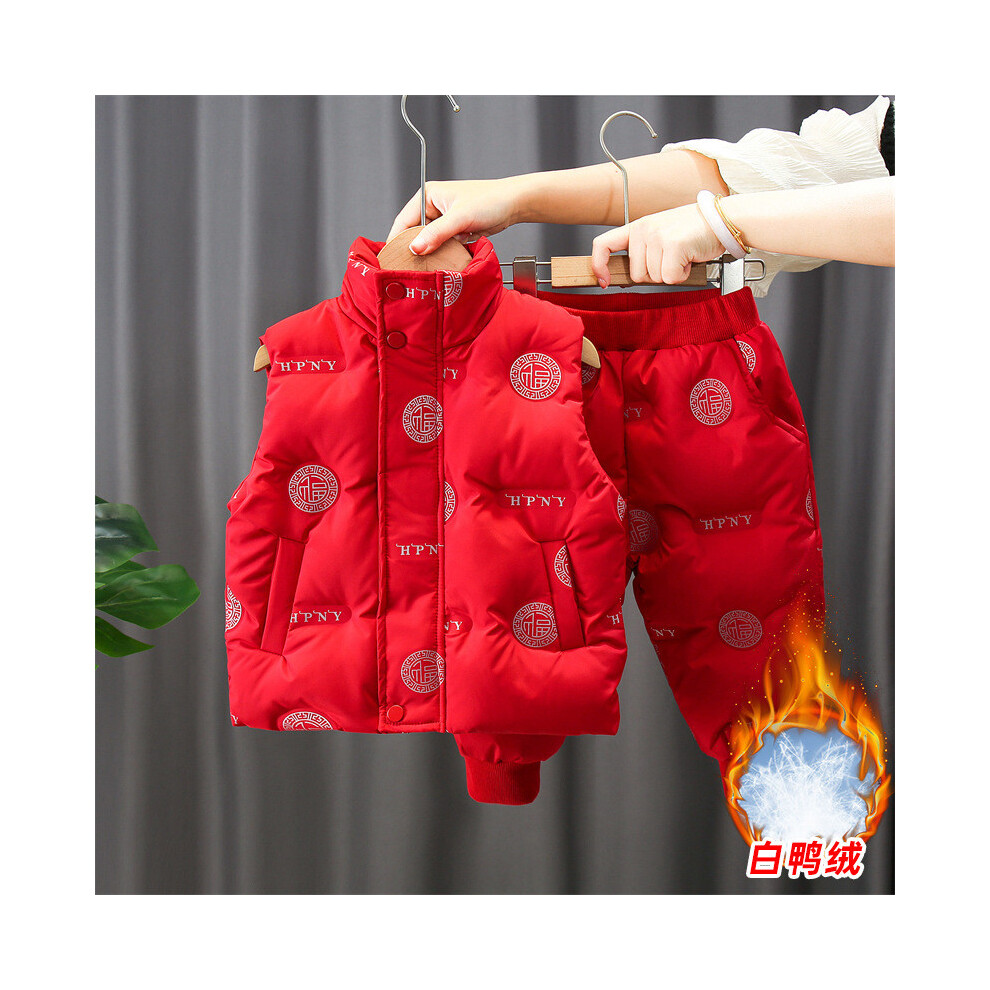 (Red Set,100cm)Combinaison hiver garçon tendance avec doudoune peluche gilet et pantalon épais parfait par temps froid