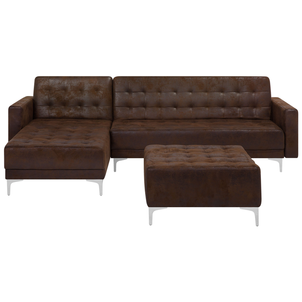 Modular Corner Sofa Bed ABERDEEN Faux Leather Brown with Ottoman 4 Seater Right Hand